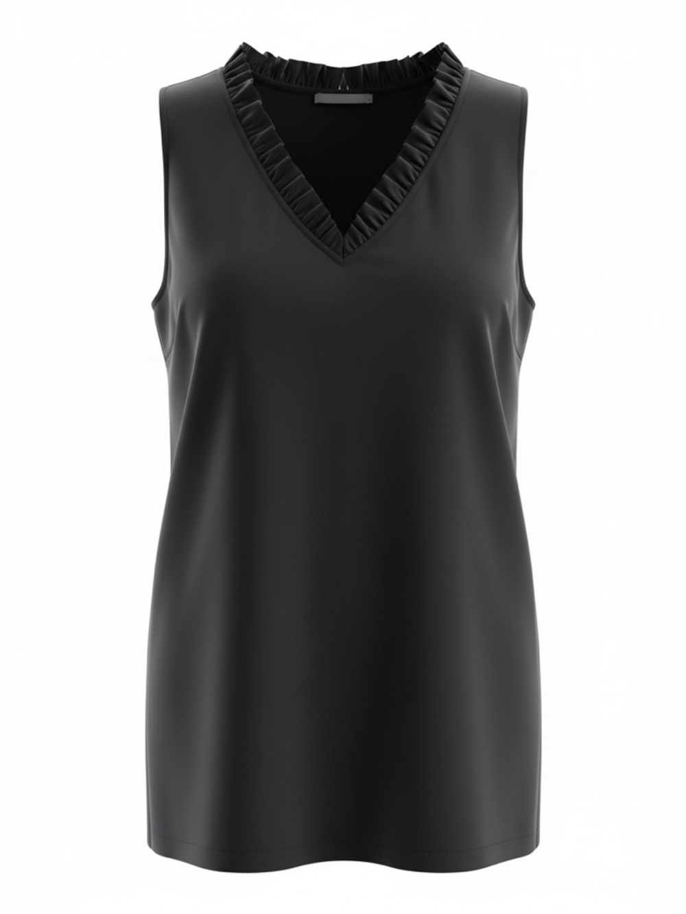 Sleeveless V-Neck Ruffle Trim Dress- Black